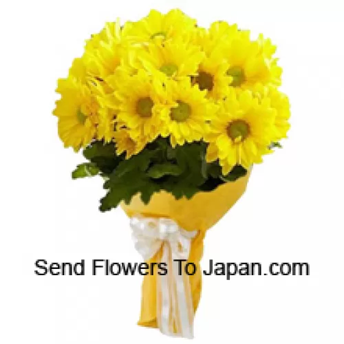一束美丽的19朵黄色非洲菊，配以时令配料
