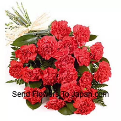 一束美丽的25朵红色康乃馨，搭配时令花材