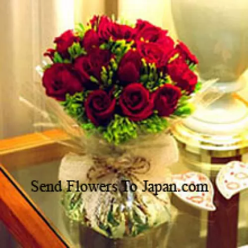 11 Rosas Vermelhas com Algumas Samambaias em Um Vaso