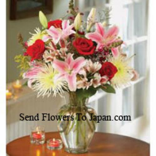 Sweet Pink Lilies and Red Roses