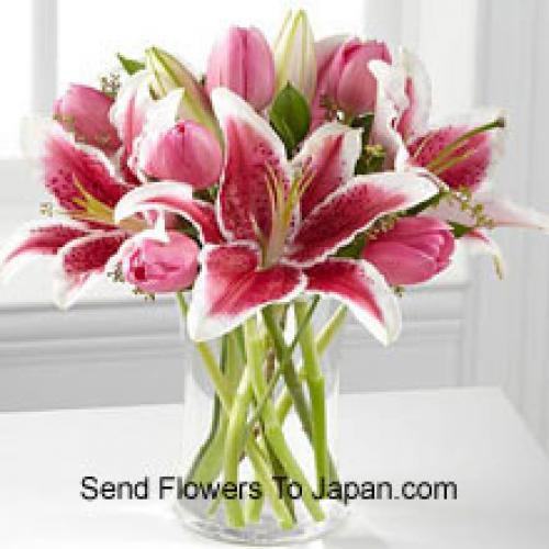 Pink Lilies and Tulips in Vase