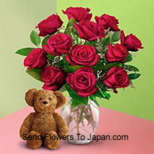 11 Roses in Vase with Teddy